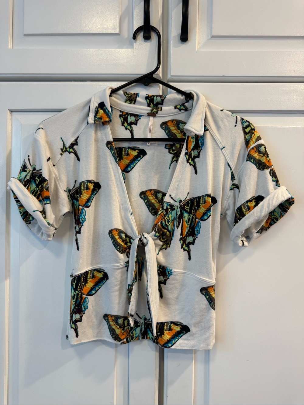 Free People 90’s inspired “Ready, Set, Sail” Butterfly Print Crop Top with Tie.